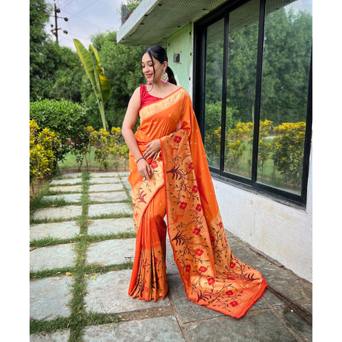 Orange - Gayatri Yellow Paithani Silk Handwork Saree