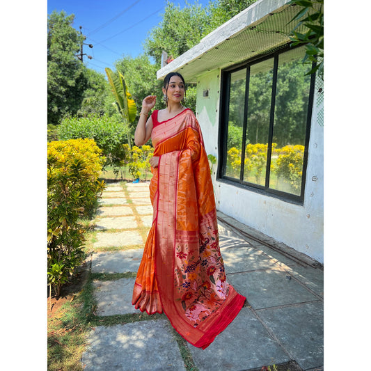 Orange - Gauri Yellow Paithani Silk Handwork Saree