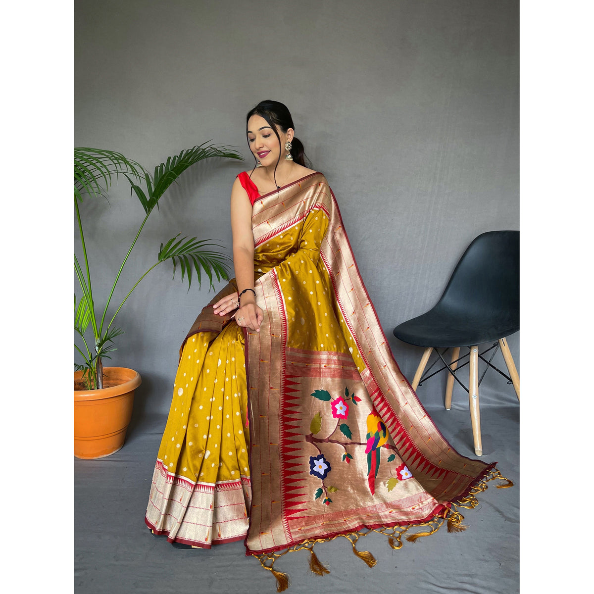 Polka Paithani Yellow Paithani Silk Handwork Saree