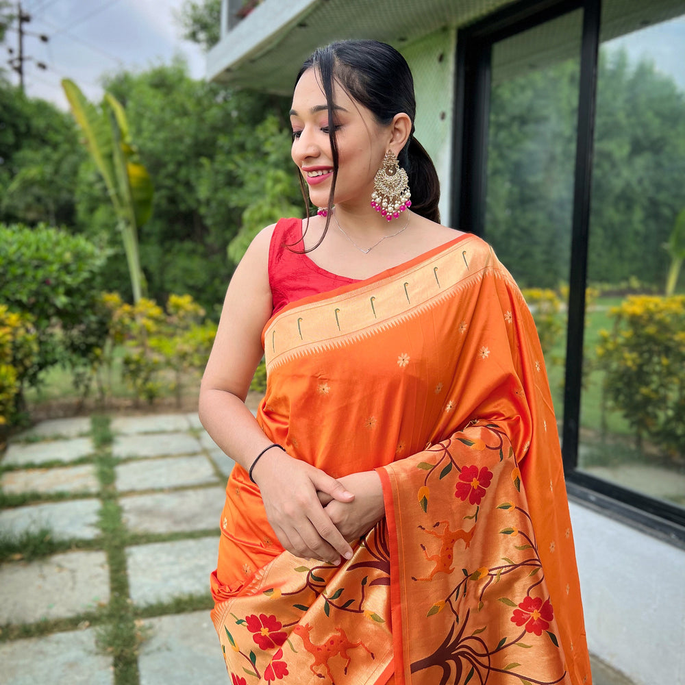 Orange - Gayatri Yellow Paithani Silk Handwork Saree