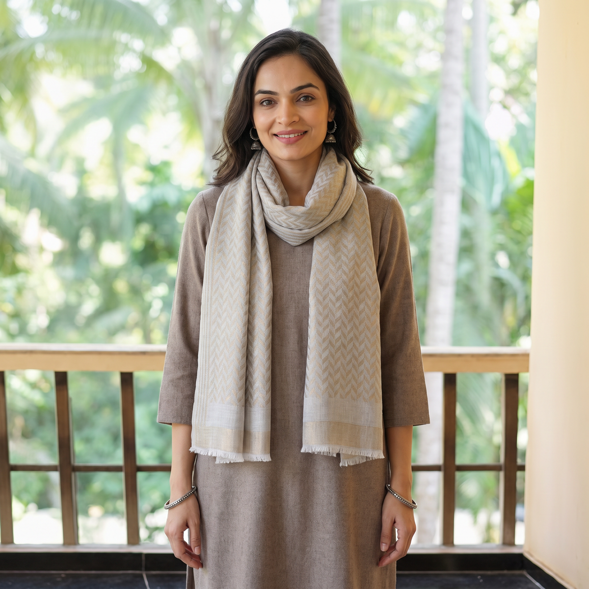 Grey Zari Chevron Pattern Fine Wool Stole, worn by a woman, AI visual of the stole, iTokri