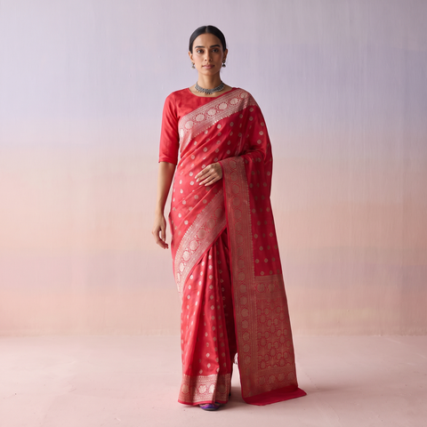 Pink Zari Work Chiniya Silk Banarasi Saree, draped and worn by a woman, AI visual of the saree, iTokri