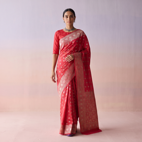 Pink Zari Work Chiniya Silk Banarasi Saree, draped and worn by a woman, AI visual of the saree, iTokri