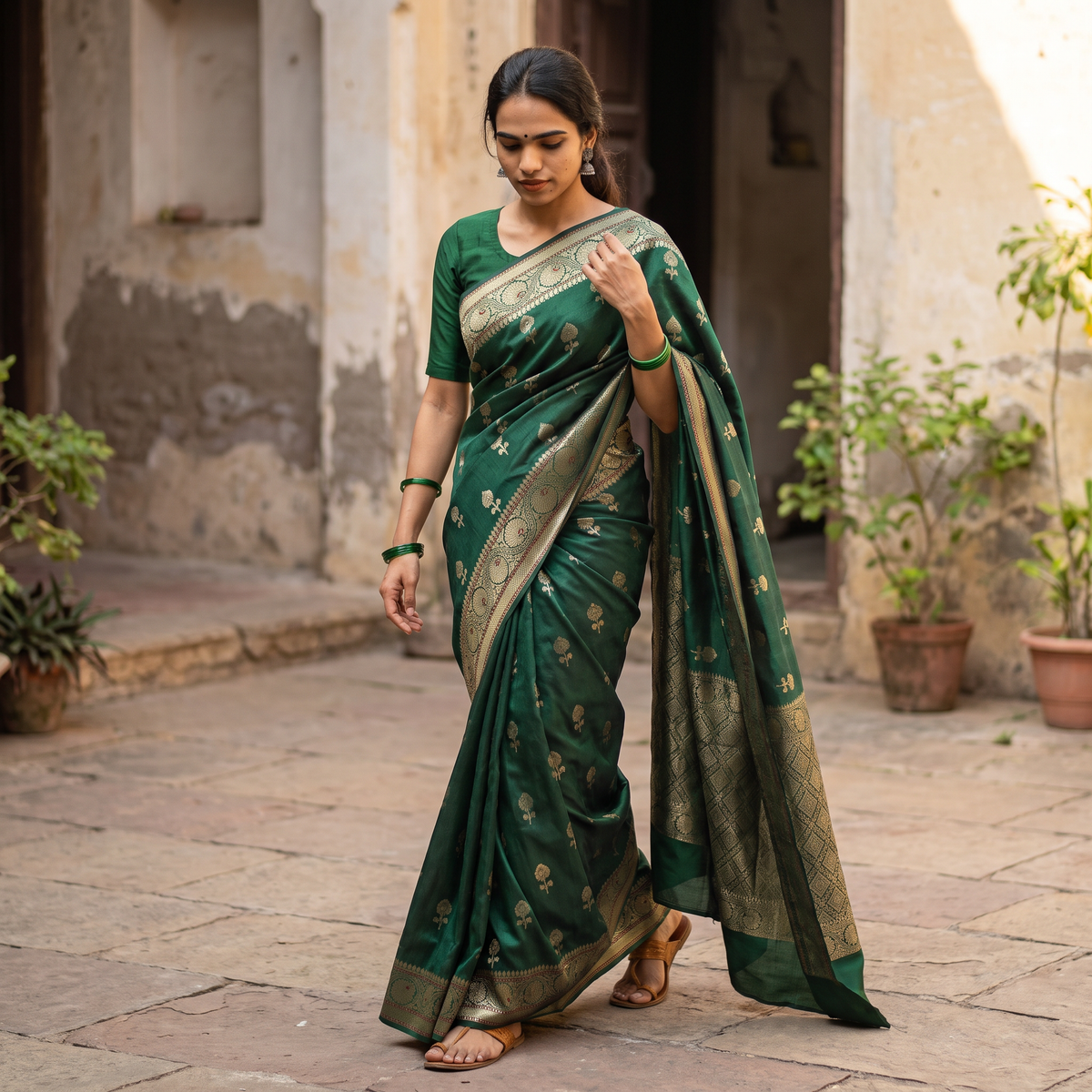Green Zari Work Chiniya Silk Banarasi Saree, draped and worn by a woman, AI visual of the saree, iTokri