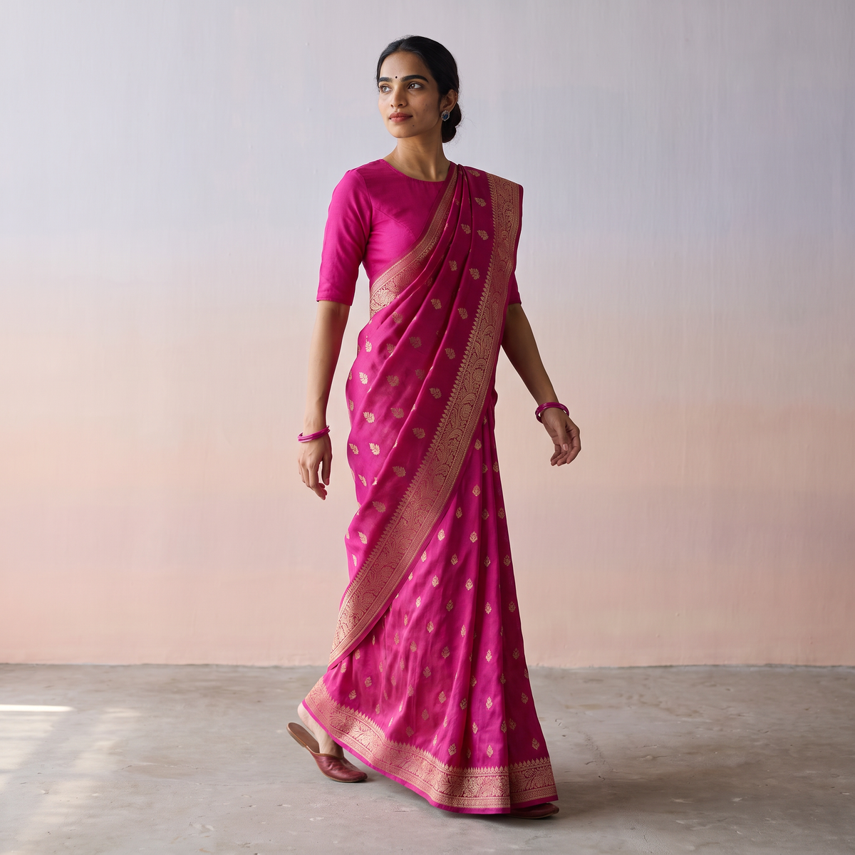 Pink Zari Work Chiniya Silk Banarasi Saree, draped and worn by a woman, AI visual of the saree, iTokri