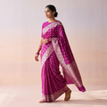Purple Zari Work Chiniya Silk Banarasi Saree, draped and worn by a woman, AI visual of the saree, iTokri