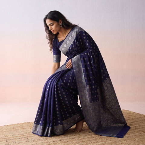 Blue Zari Work Chiniya Silk Banarasi Saree, draped and worn by a woman, AI visual of the saree, iTokri