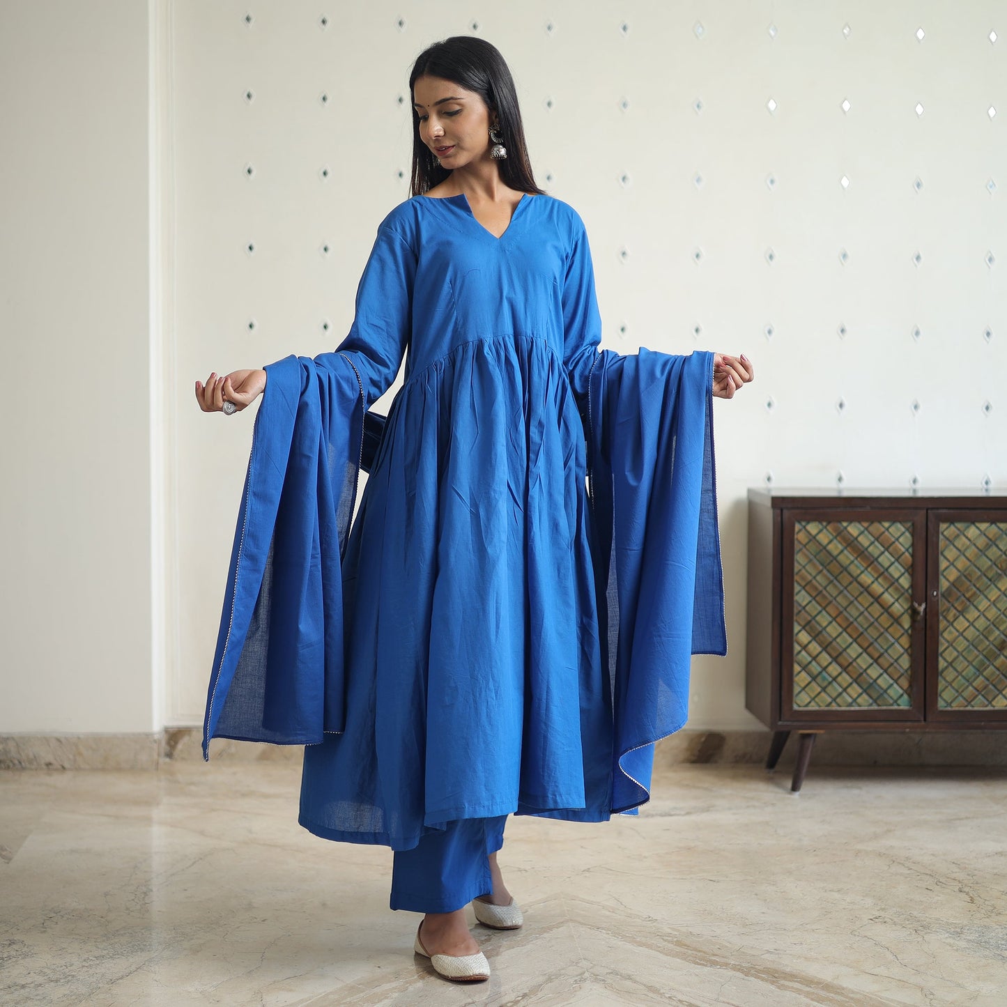Buy Gulnaaz Grey Cotton Flared Kurta with Palazzo & Dupatta Set Online at iTokri.com