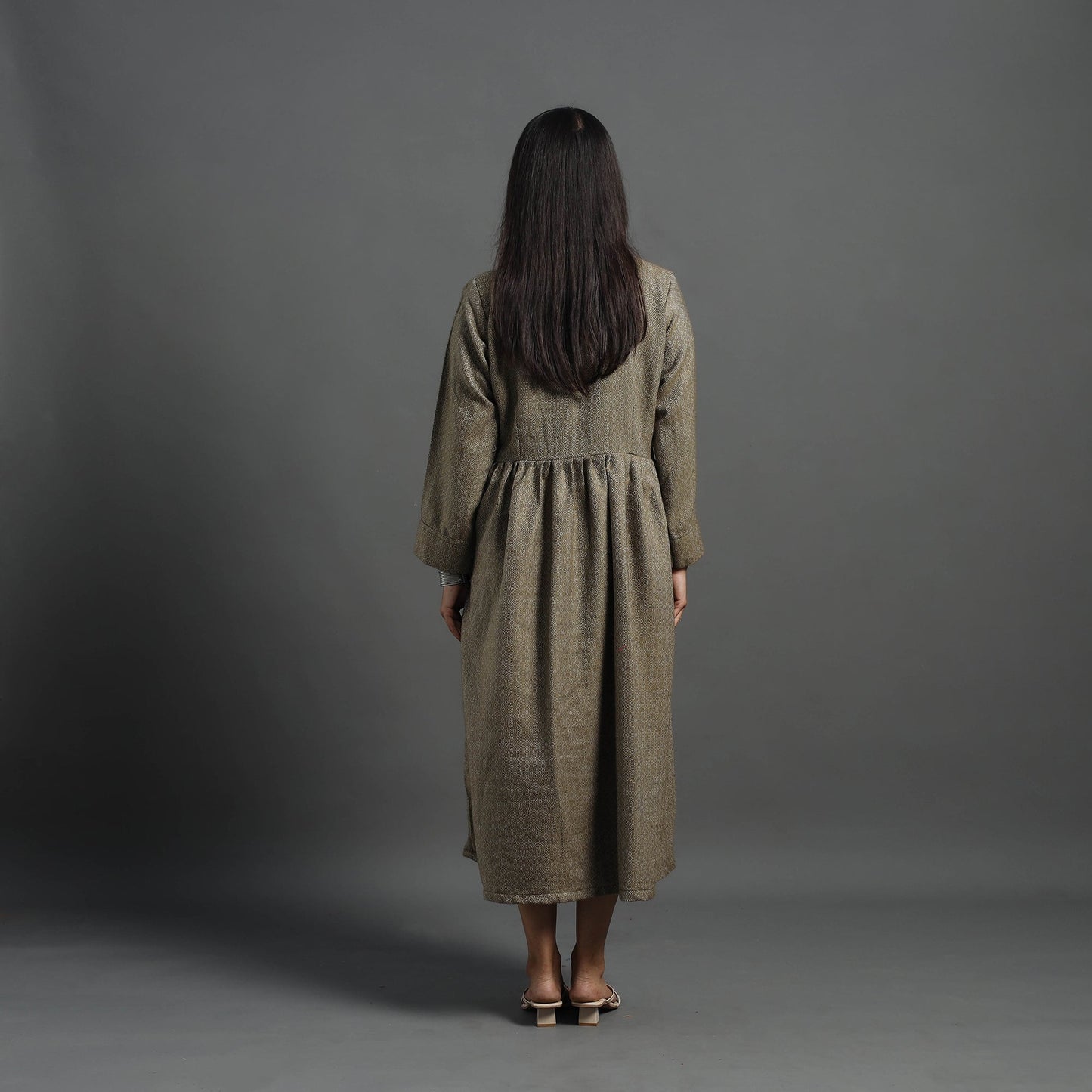 Zeenat brown plain button down woollen dress 09