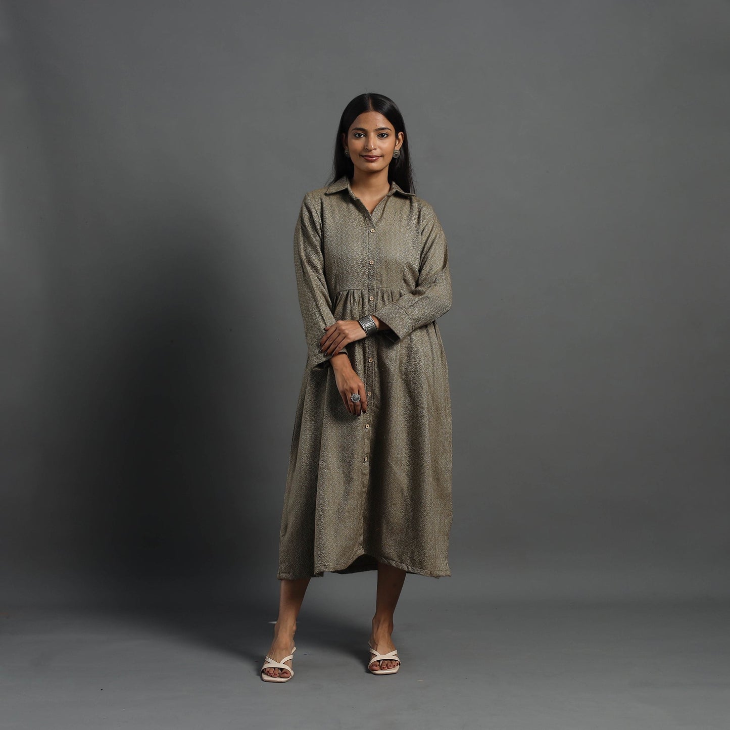 Zeenat brown plain button down woollen dress 09