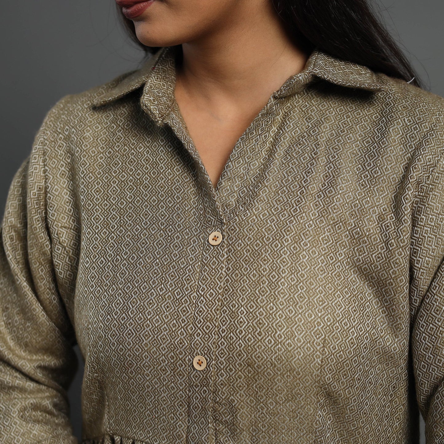 Zeenat brown plain button down woollen dress 09