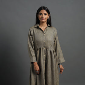 Zeenat brown plain button down woollen dress 09