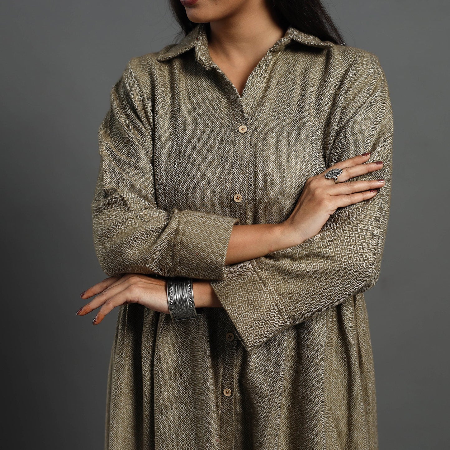Zeenat brown plain button down woollen dress 09