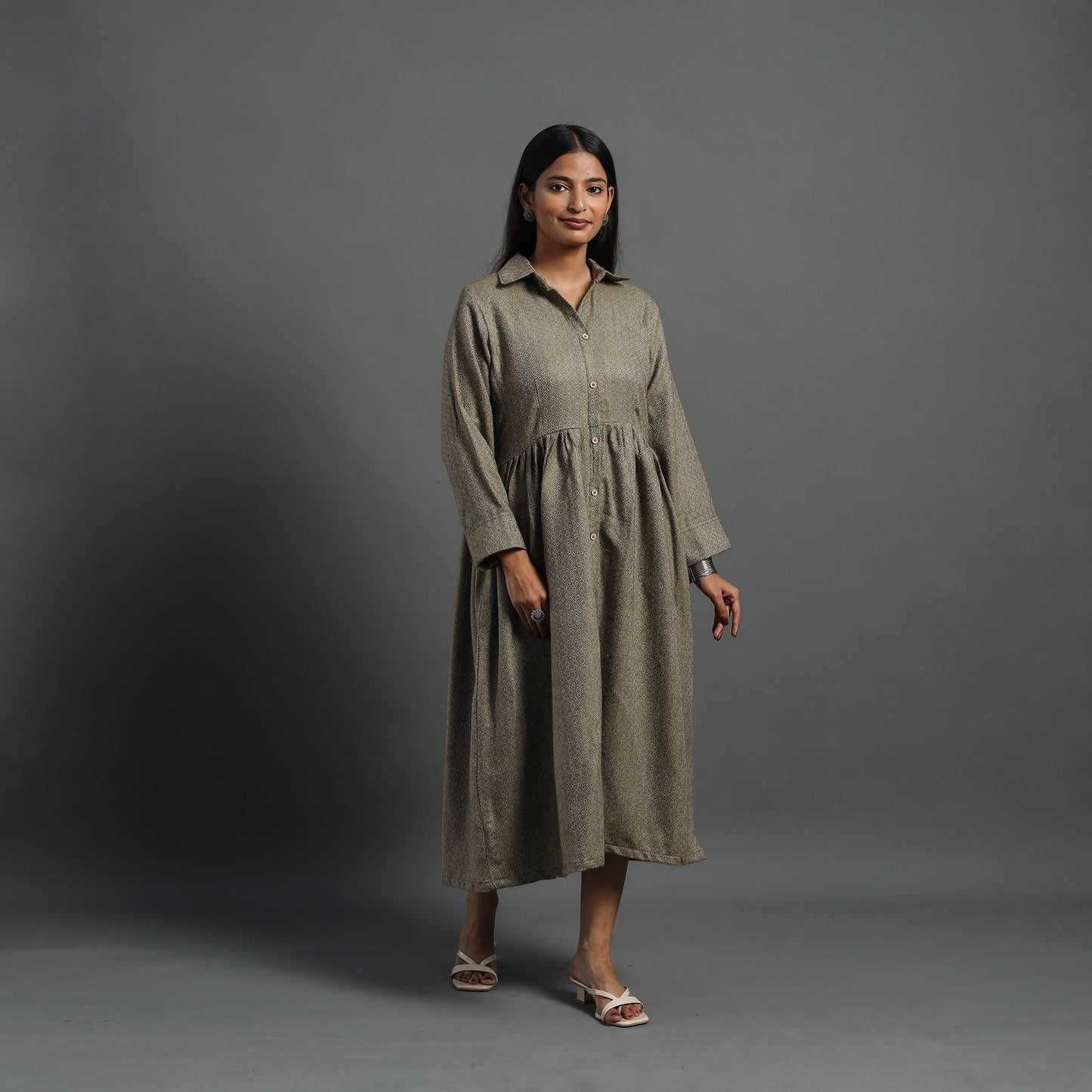 Zeenat brown plain button down woollen dress 09