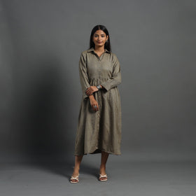 Zeenat brown plain button down woollen dress 09