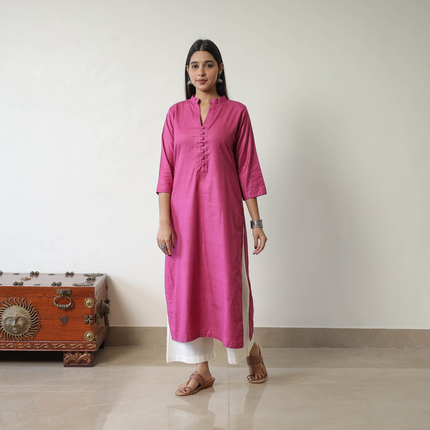  Zeenat Pink Linen Cotton Plain Kurta