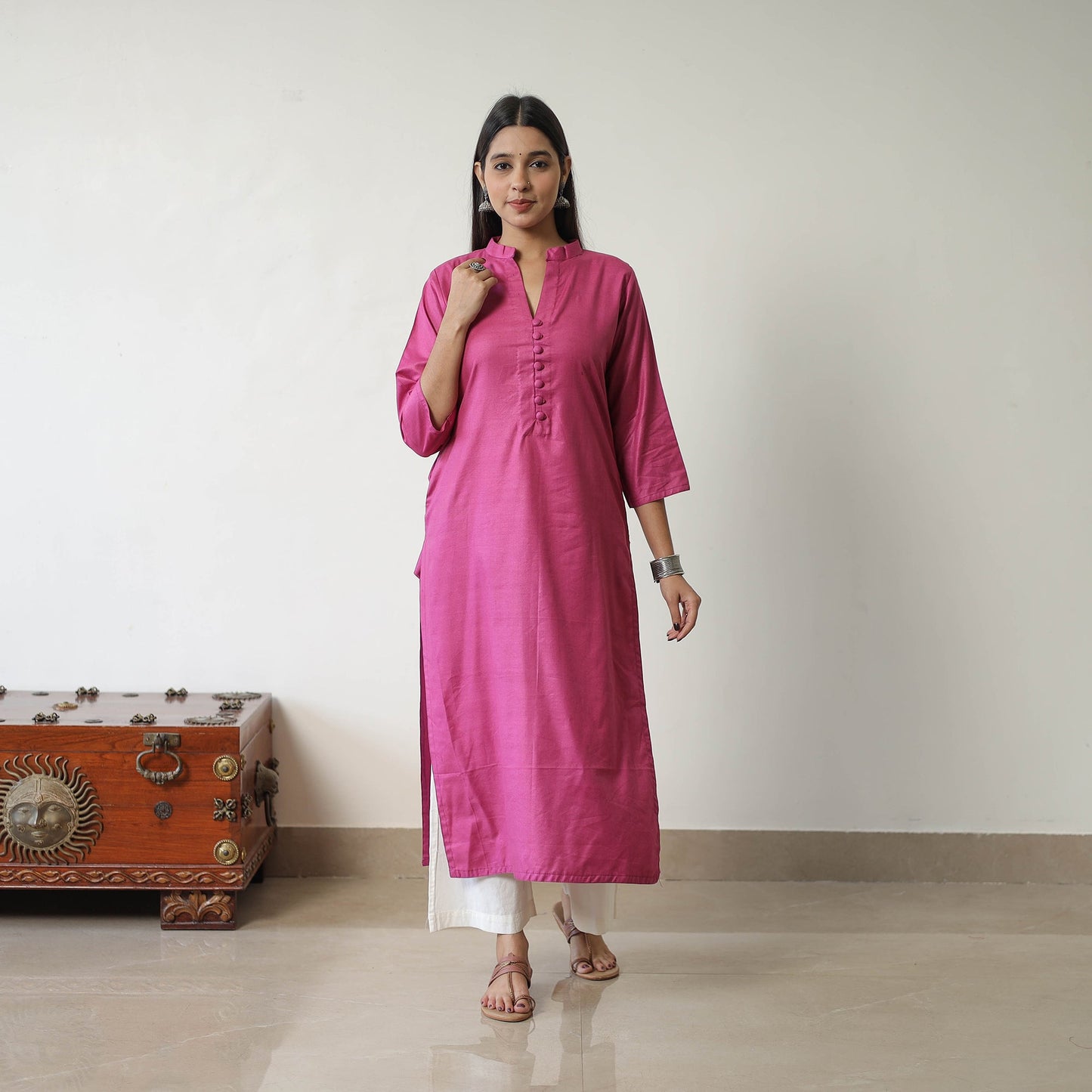  Zeenat Pink Linen Cotton Plain Kurta
