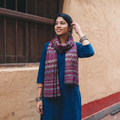 Purple Zig Zag Zari Weave Fine Wool Stole, worn by a woman, AI visual of the stole, iTokri