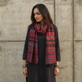 Red Zig Zag Zari Weave Fine Wool Stole, worn by a woman, AI visual of the stole, iTokri