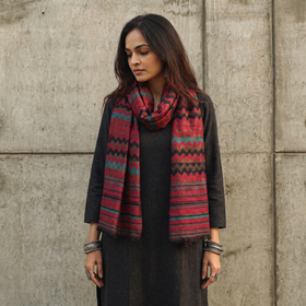 Red Zig Zag Zari Weave Fine Wool Stole, worn by a woman, AI visual of the stole, iTokri