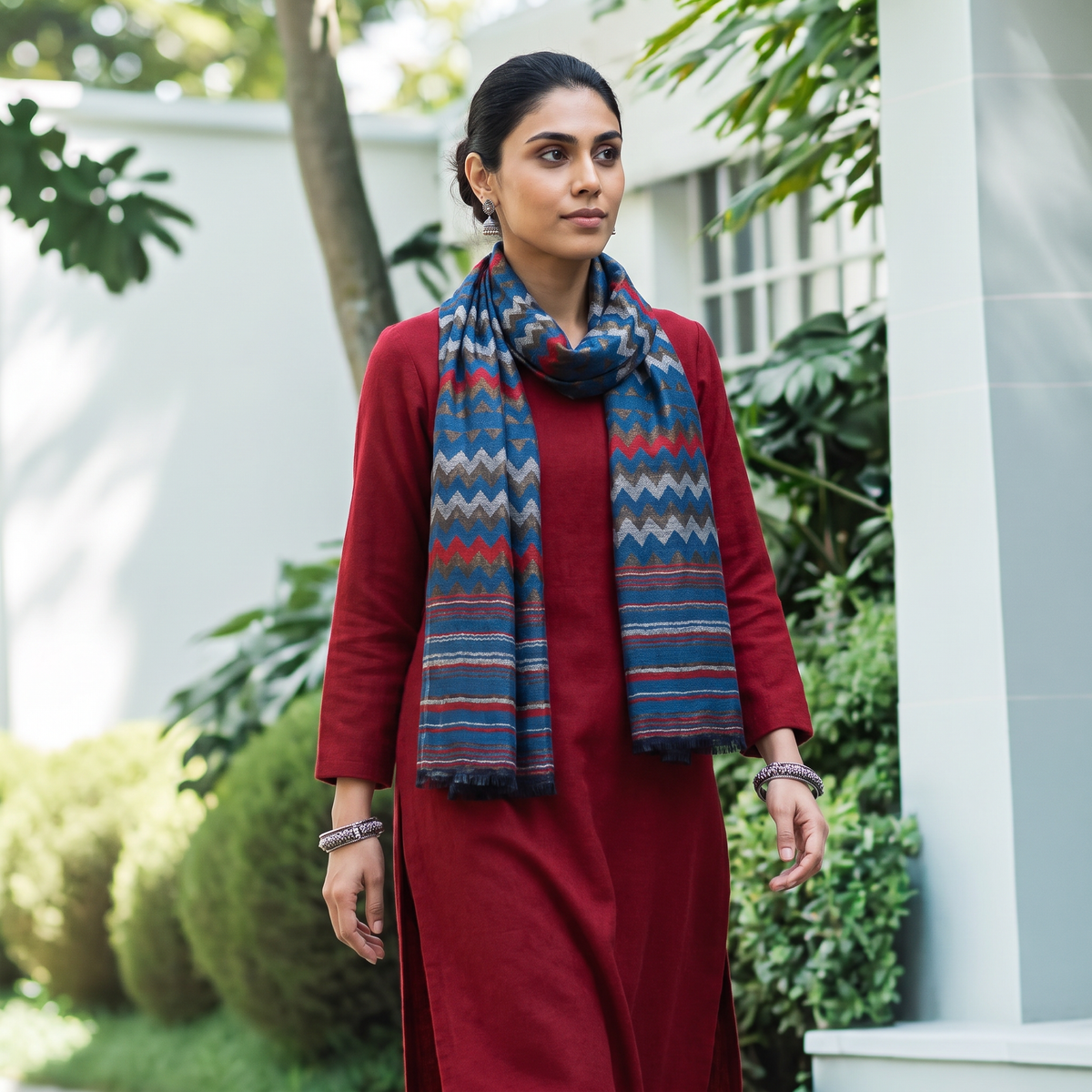 Pink Zig Zag Zari Weave Fine Wool Stole, worn by a woman, AI visual of the stole, iTokri