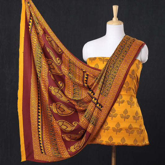 Yellow - 3pc Bagh Block Printed Modal Silk Suit Material Set