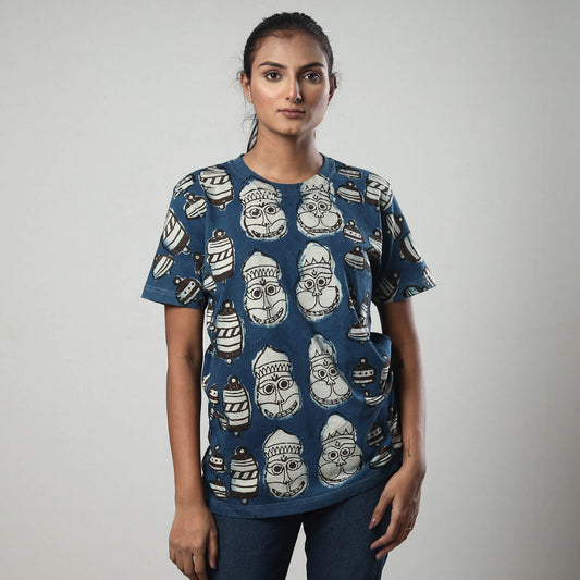 Blue - Bindaas Block Art Printed Cotton  Round Neck T-shirt