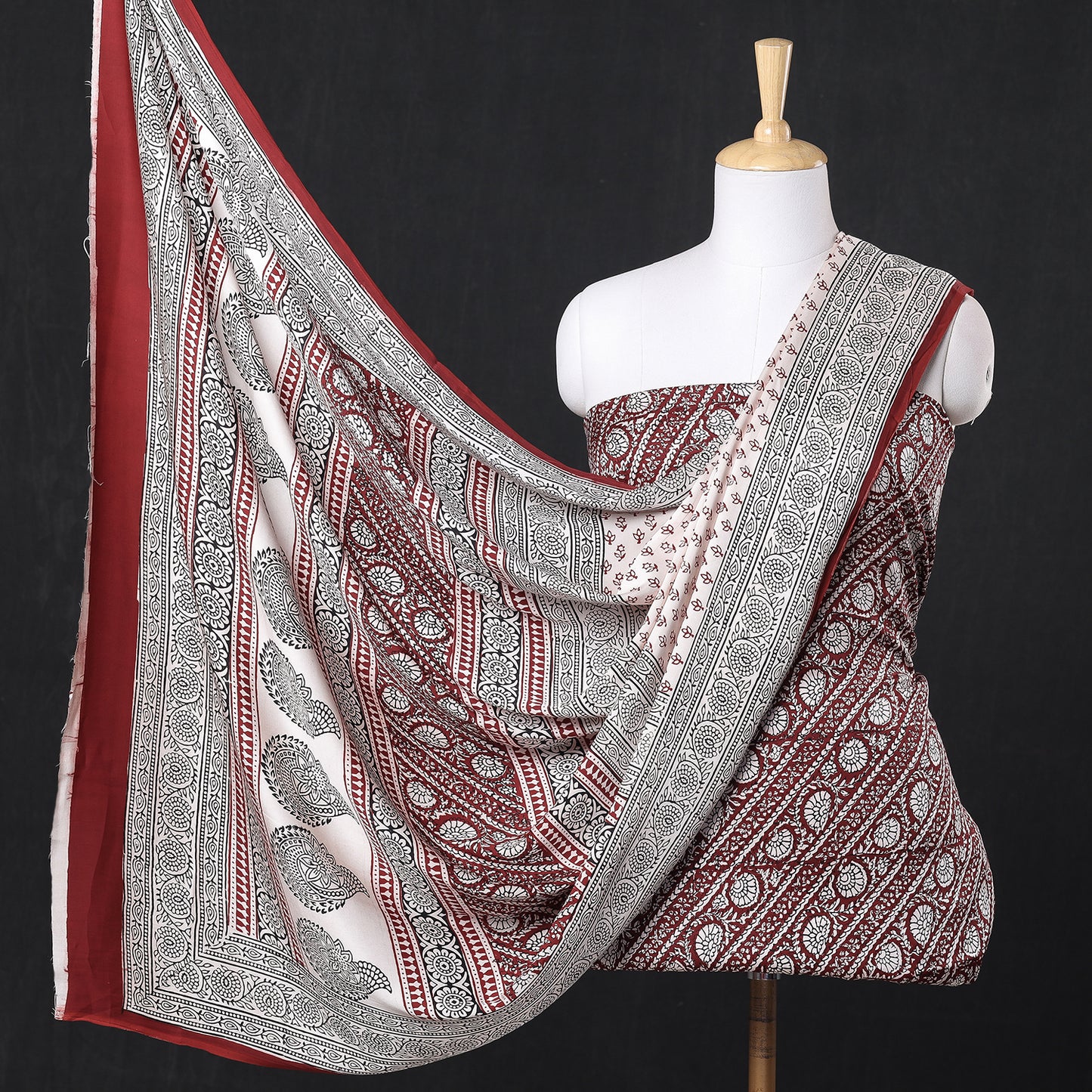 Maroon - 3pc Bagh Block Printed Modal Silk Suit Material Set
