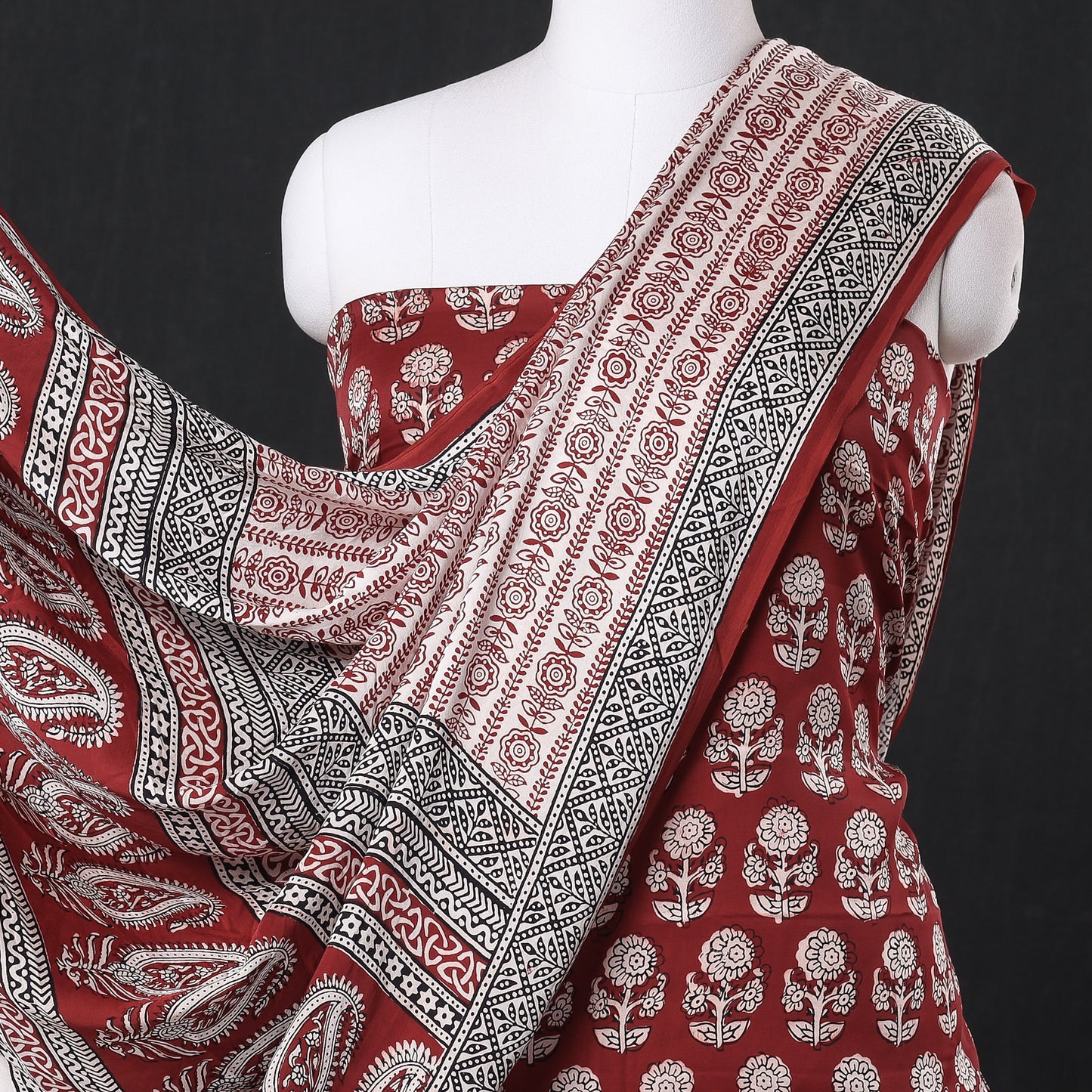 Red - 3pc Bagh Block Printed Modal Silk Suit Material Set
