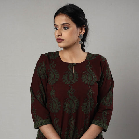 Maroon & Green - Bagh Block Printed Cotton Long Straight Kurta