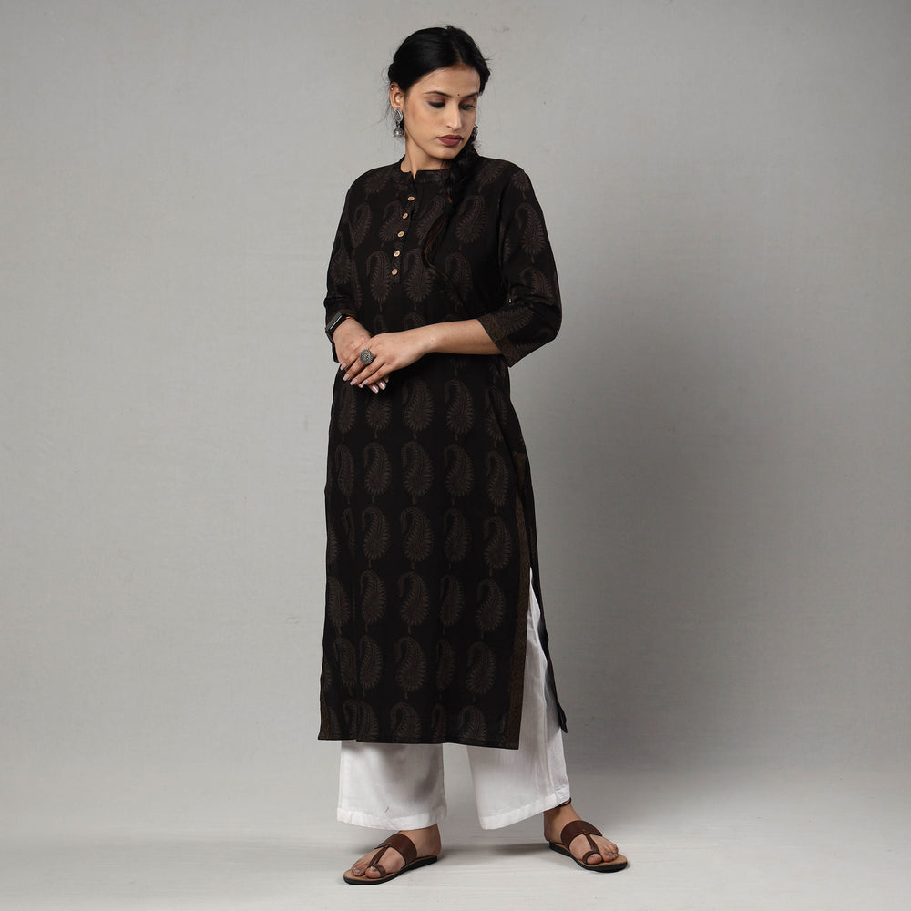 Black - Bagh Block Printed Cotton Long Straight Kurta