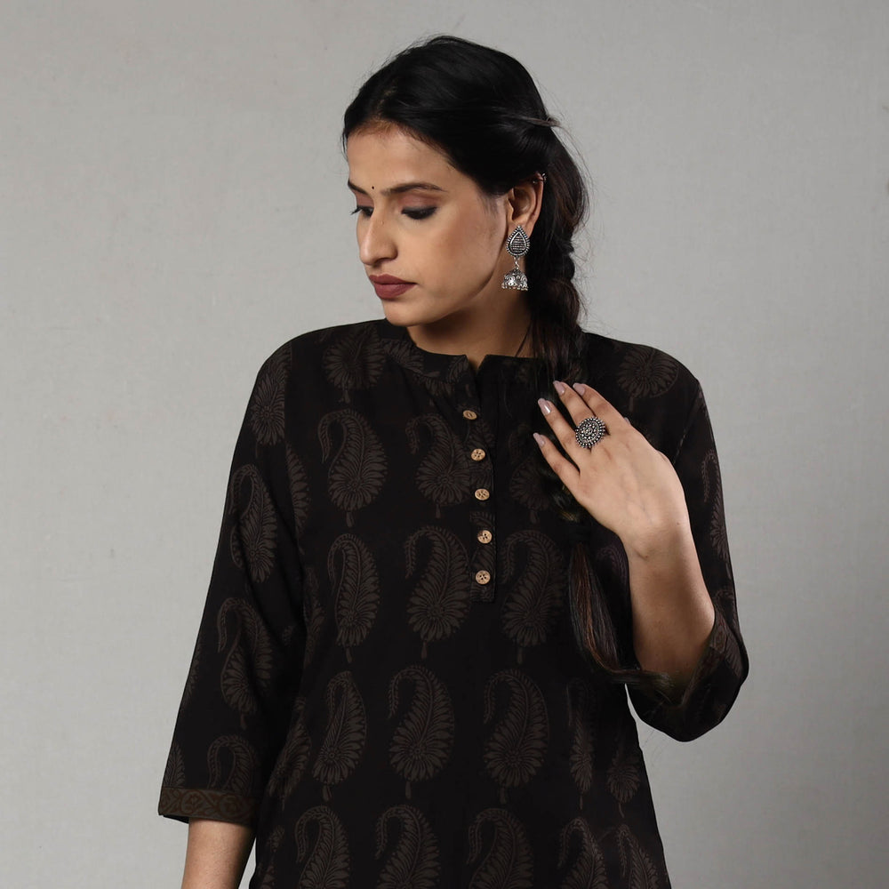 Black - Bagh Block Printed Cotton Long Straight Kurta