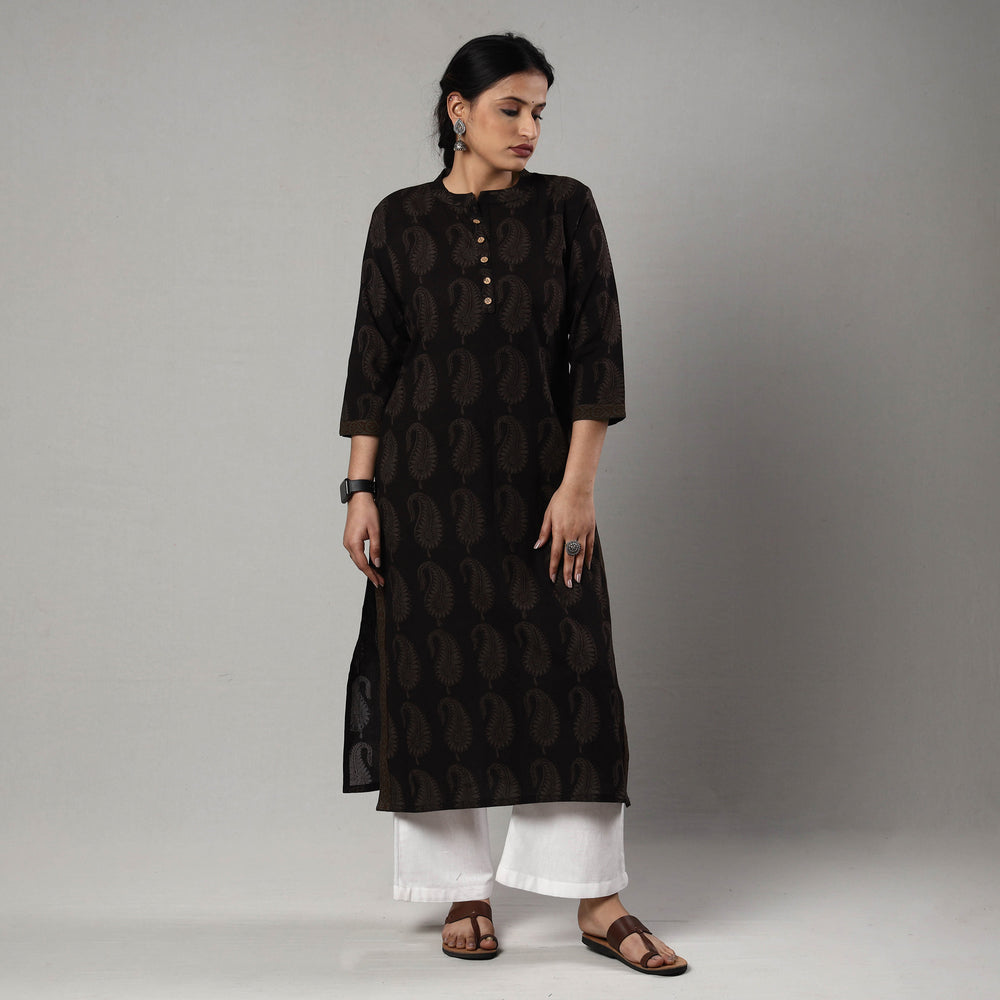 Black - Bagh Block Printed Cotton Long Straight Kurta