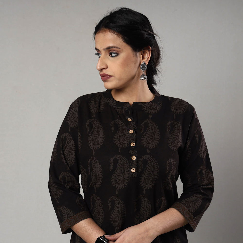 Black - Bagh Block Printed Cotton Long Straight Kurta