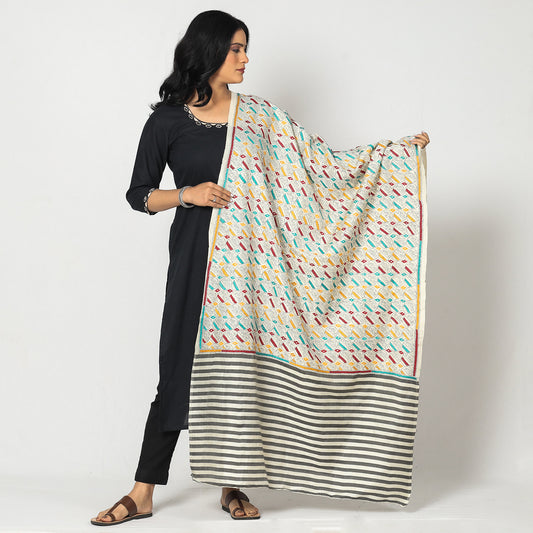 White - Bengal Kantha Embroidery Block Printed Tussar Silk Handloom Dupatta 19