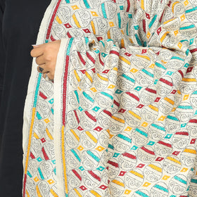 White - Bengal Kantha Embroidery Block Printed Tussar Silk Handloom Dupatta 19