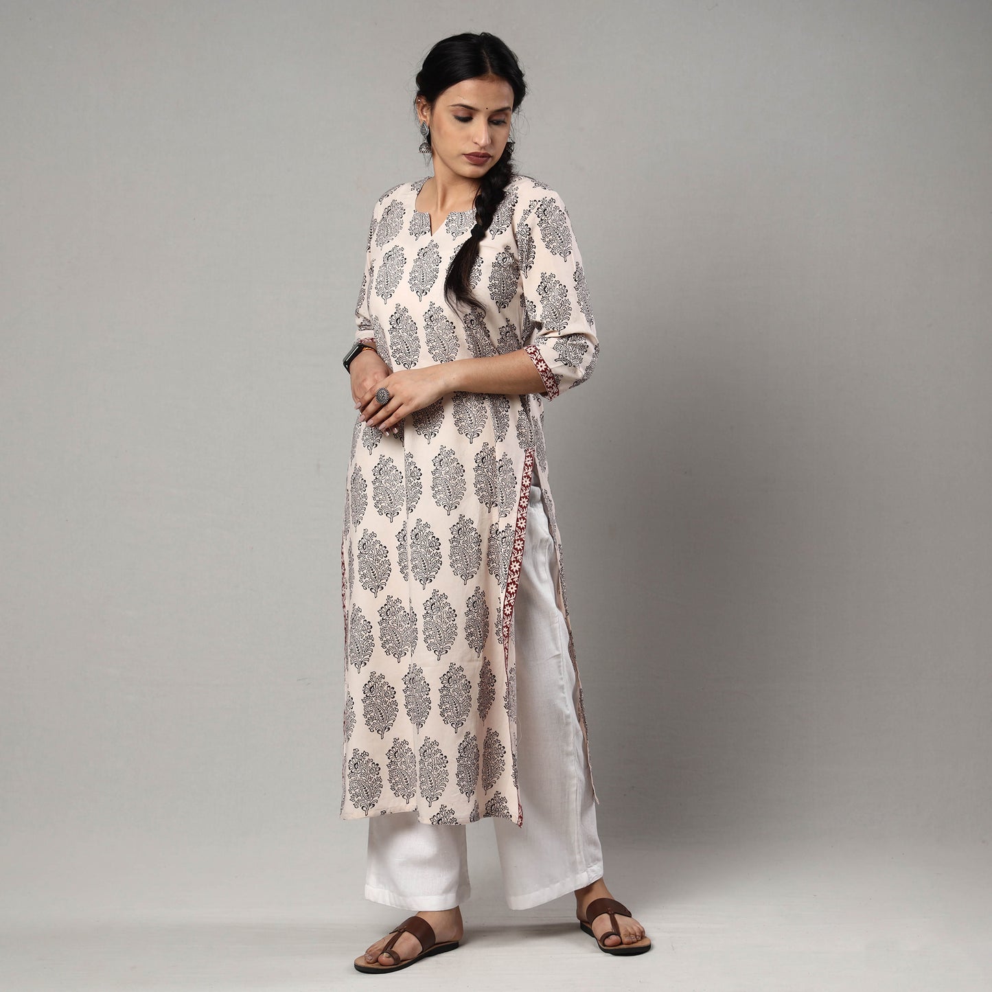 Beige - White & Black Bagh Block Printing Cotton Long Kurta