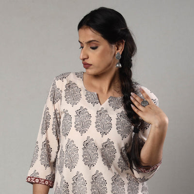 Beige - White & Black Bagh Block Printing Cotton Long Kurta