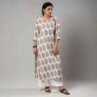 Beige - White & Black Bagh Block Printing Cotton Long Kurta