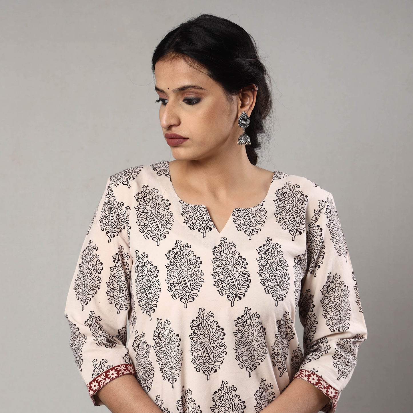 Beige - White & Black Bagh Block Printing Cotton Long Kurta