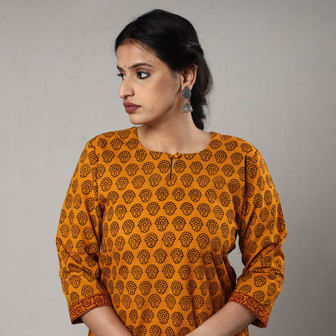 Orange & Black - Bagh Block Printed Cotton Long Straight Kurta