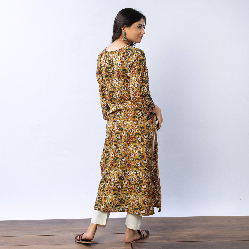 Yellow & Red Floral Buta Bagru Hand Block Printed Cotton Long Kurta 03