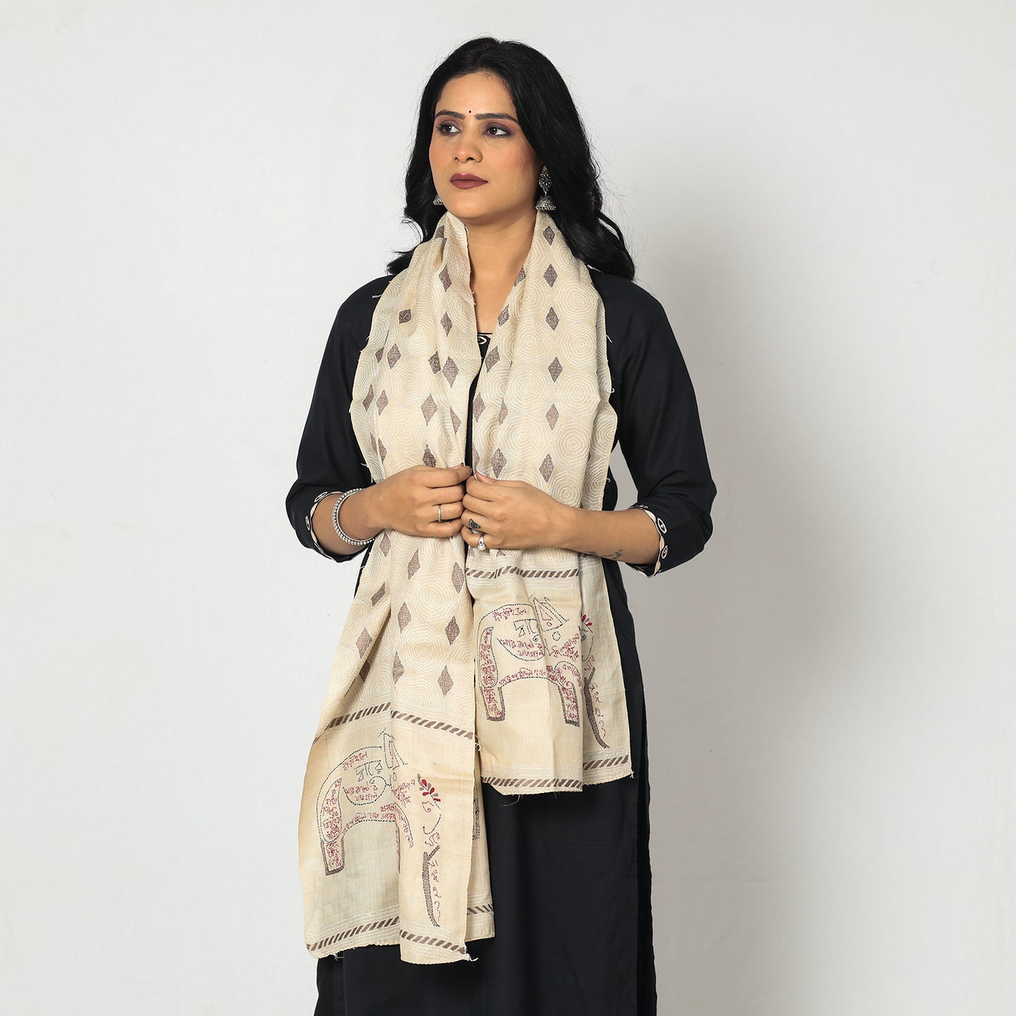 Beige - Bengal Kantha Embroidery Tussar Silk Handloom Stole 02