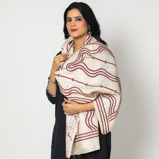 Beige - Bengal Kantha Embroidery Tussar Silk Handloom Stole 03