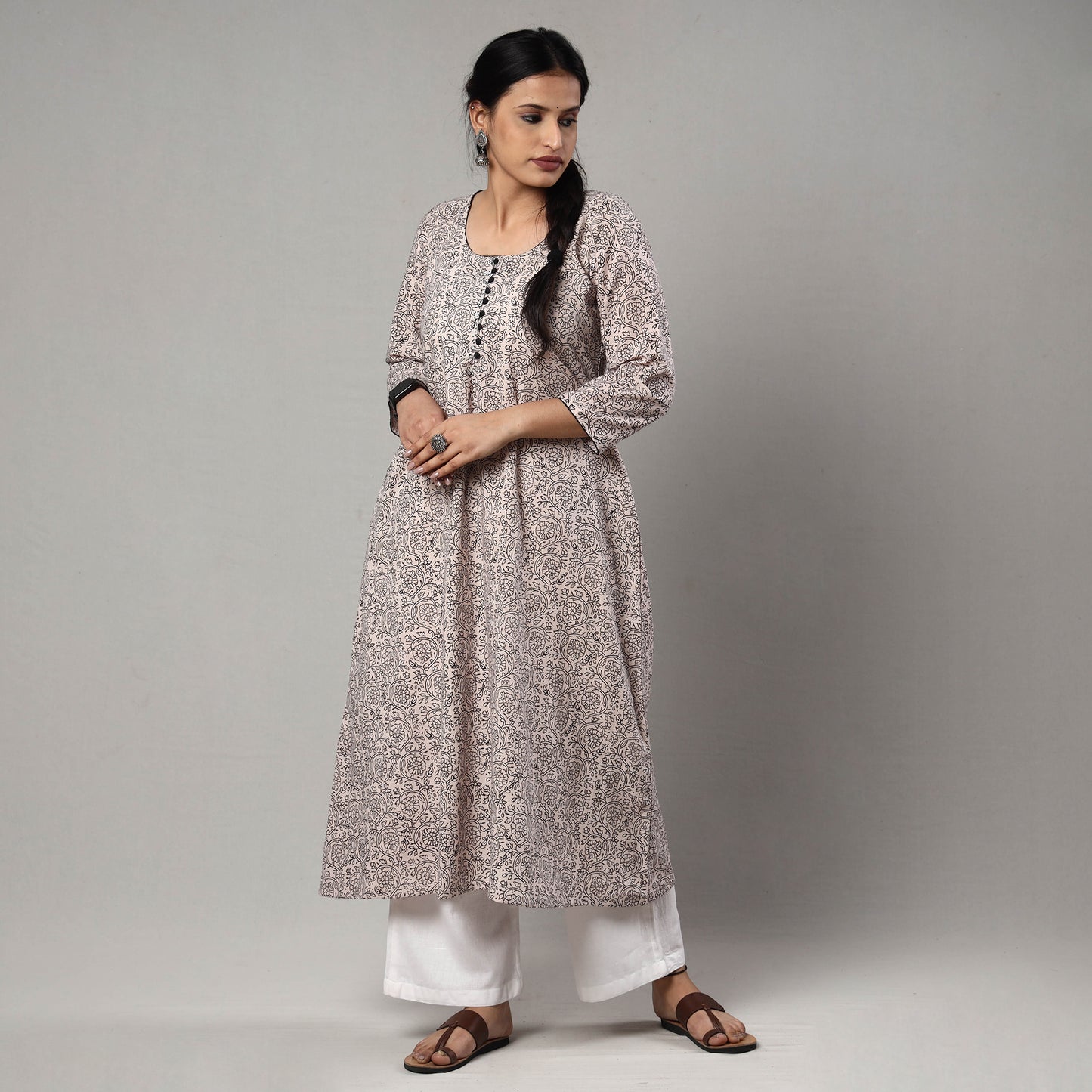 Beige - White & Black - Bagh Block Printing Cotton A-Line Long Kurta