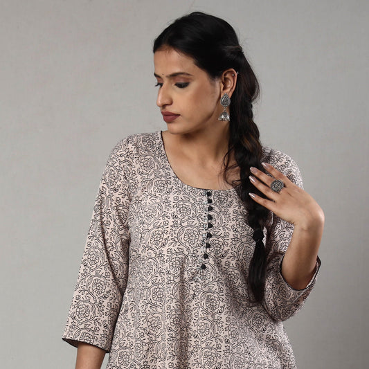 Beige - White & Black - Bagh Block Printing Cotton A-Line Long Kurta