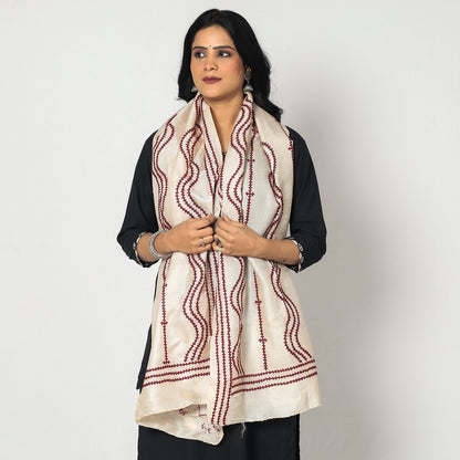 Beige - Bengal Kantha Embroidery Tussar Silk Handloom Stole 03