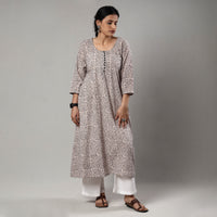 Beige - White & Black - Bagh Block Printing Cotton A-Line Long Kurta