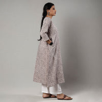 Beige - White & Black - Bagh Block Printing Cotton A-Line Long Kurta