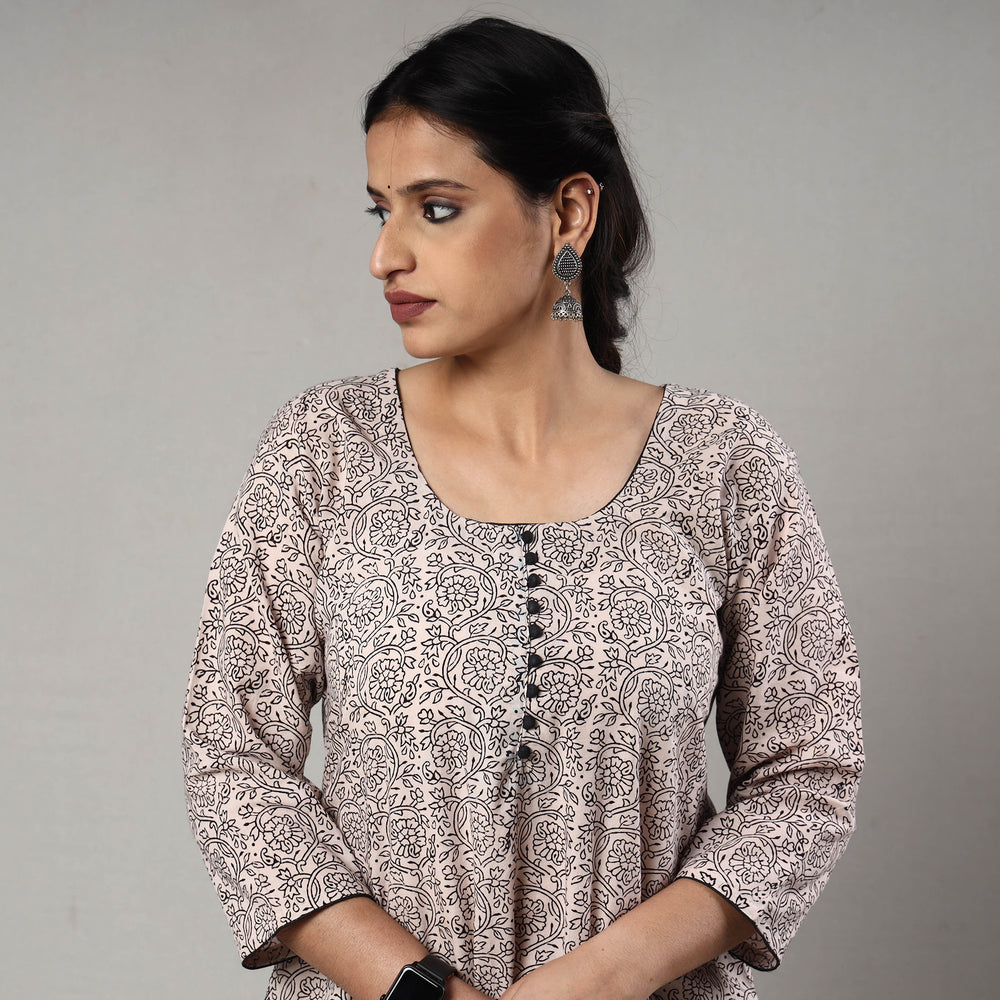 Beige - White & Black - Bagh Block Printing Cotton A-Line Long Kurta